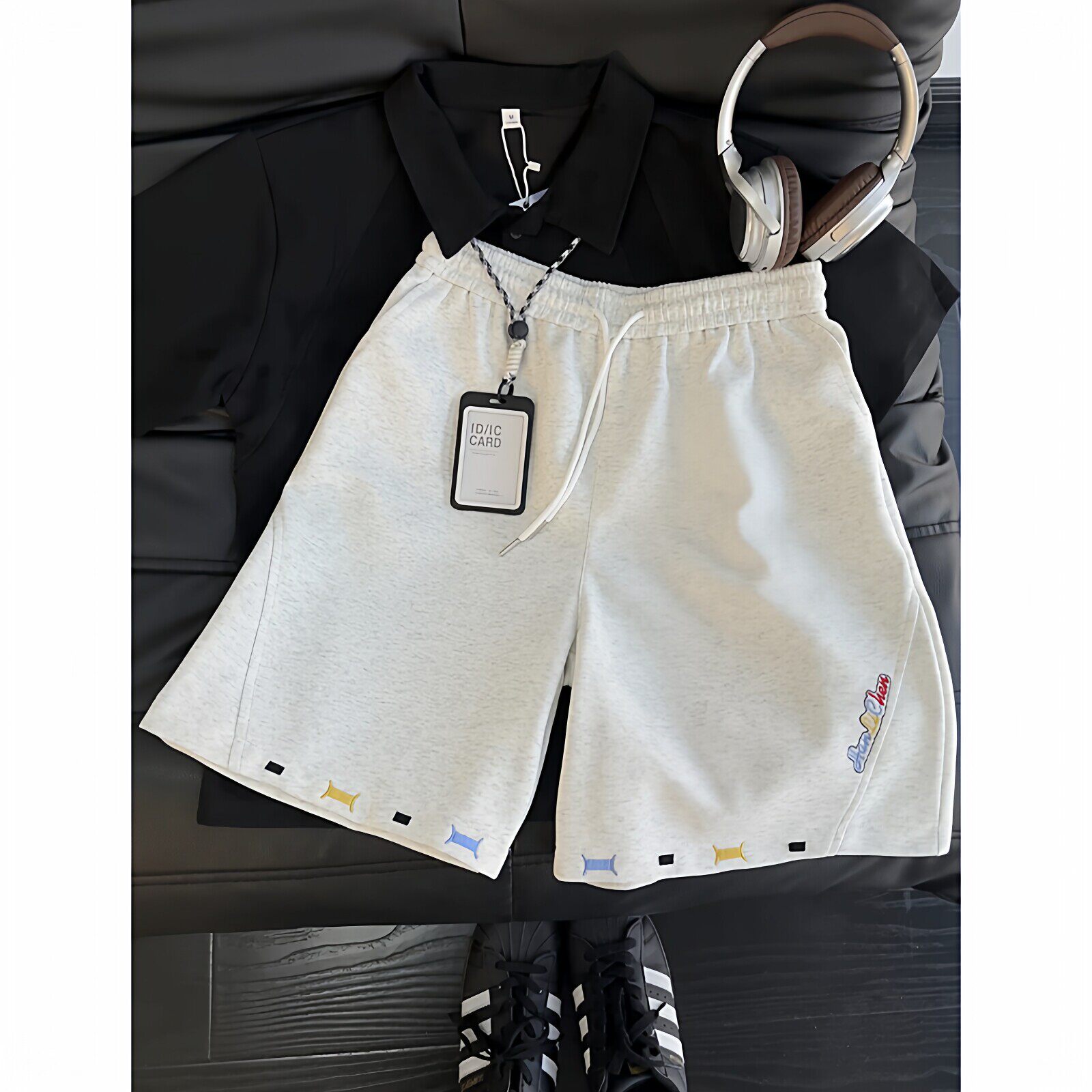 白灰色斜切刺绣运动短裤男款夏季重磅美式复古休闲卫裤阔腿五分裤