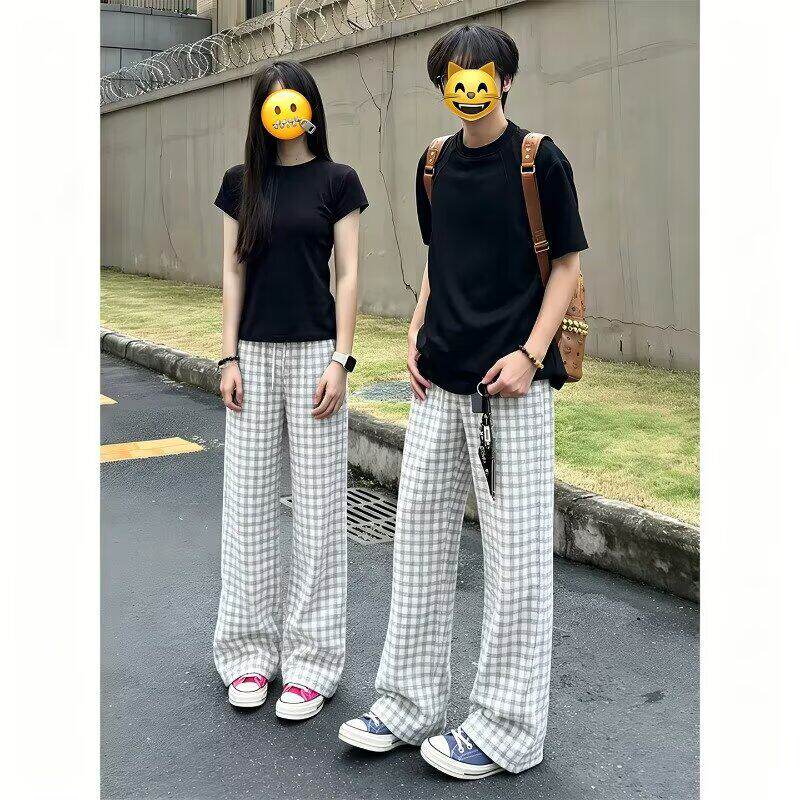 cleanfit白色泡泡纱格子裤男款夏季美式情侣裤子慵懒风直筒休闲裤