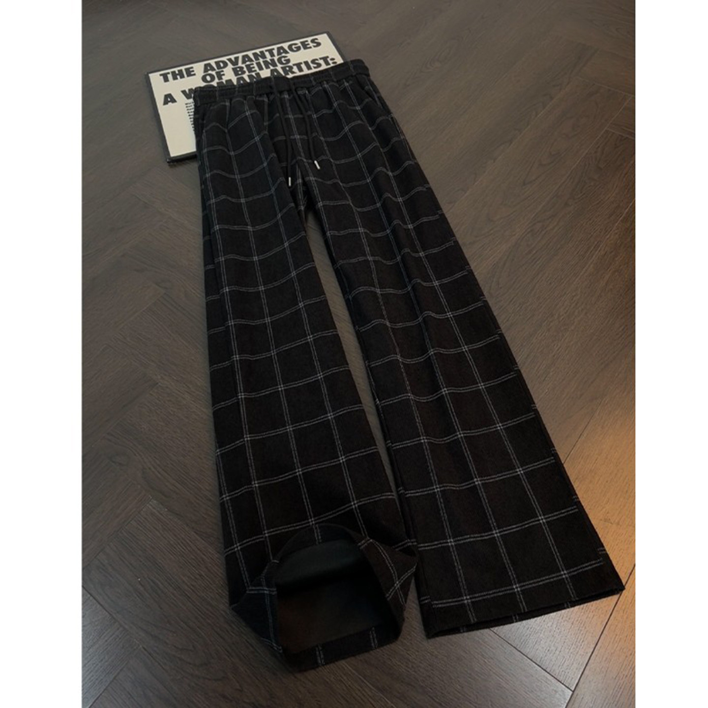黑色美式复古弯刀格子裤男女夏季薄款显瘦微喇裤子宽松直筒休闲裤