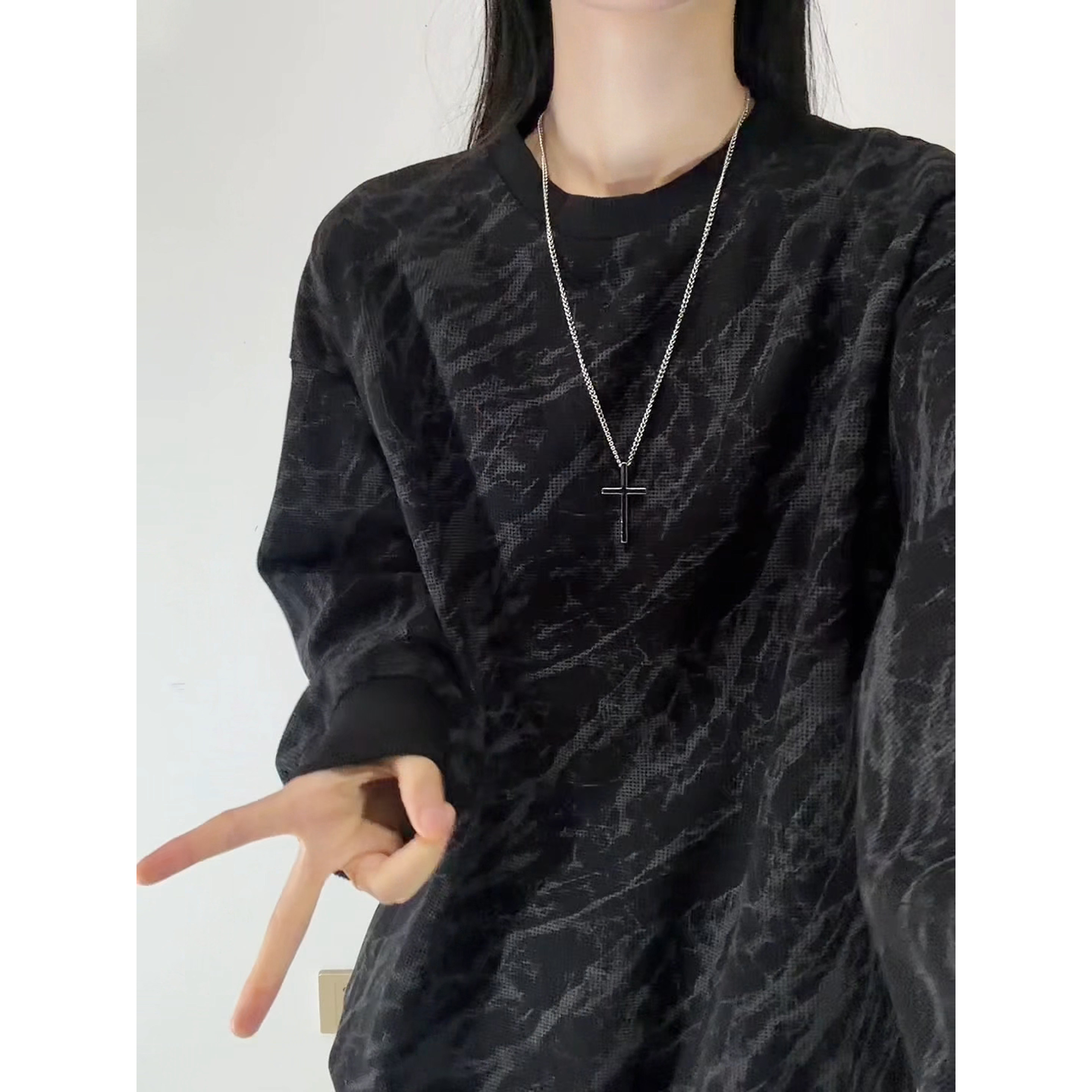 美式扎染圆领长袖T恤男款高级感宽松正肩卫衣cleanfit复古套头衫