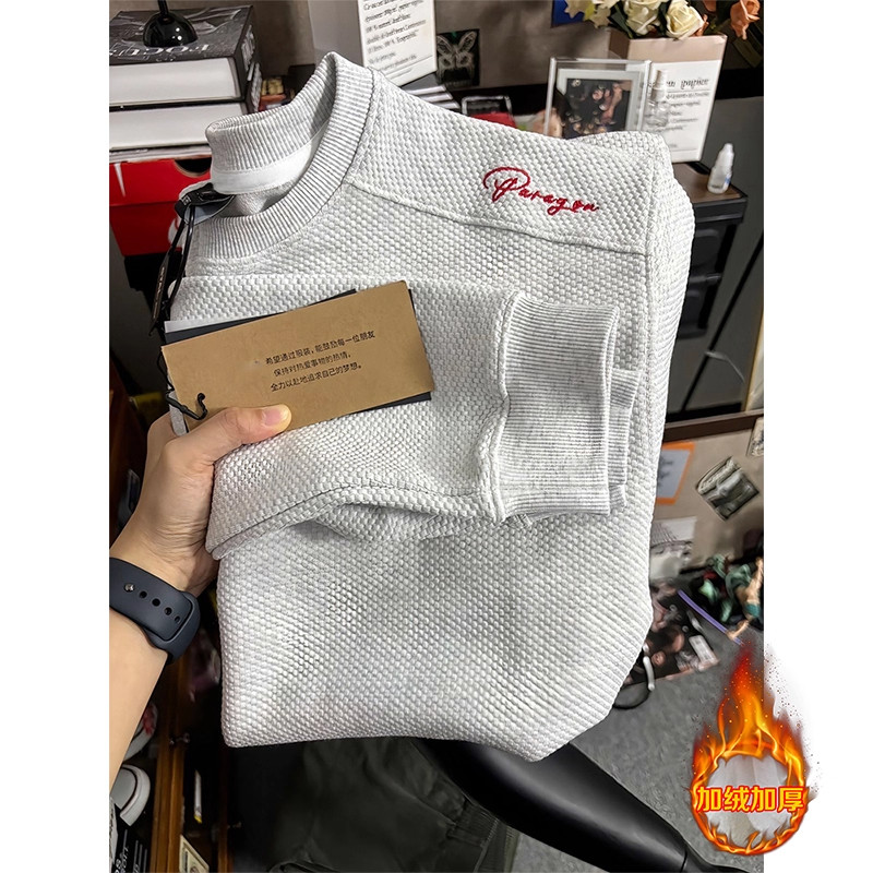 无帽美式蜂窝加绒刺绣卫衣男款秋冬华夫格加厚长袖t恤内搭打底衫