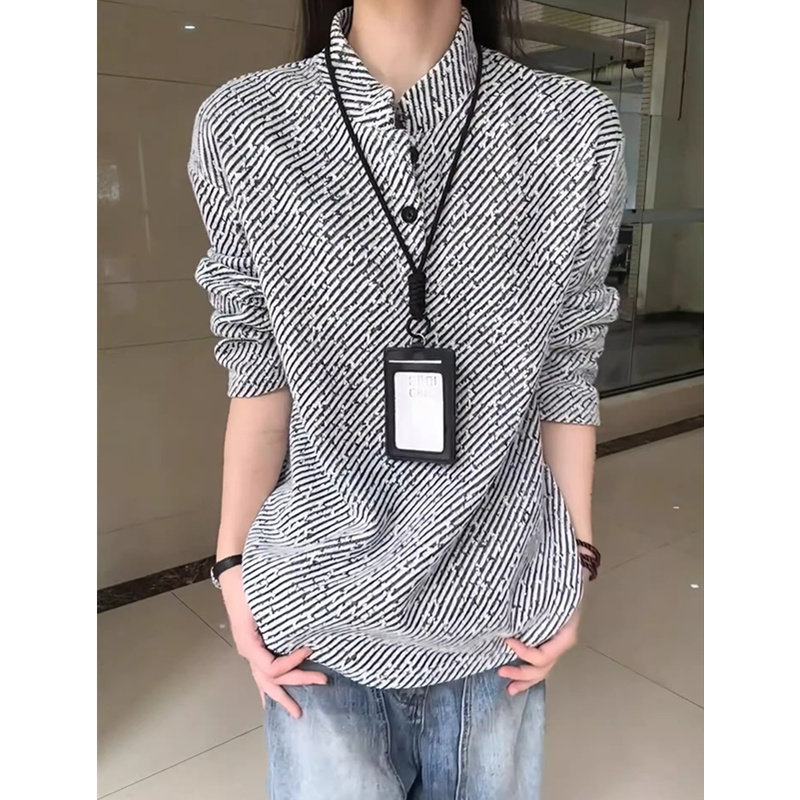 黑白条纹亨利领长袖polo衫男款秋季美式重磅t恤立领正肩套头卫衣