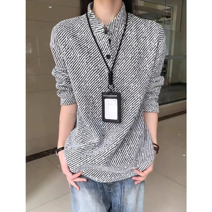 黑白条纹亨利领长袖polo衫男款秋季美式重磅t恤立领正肩套头卫衣