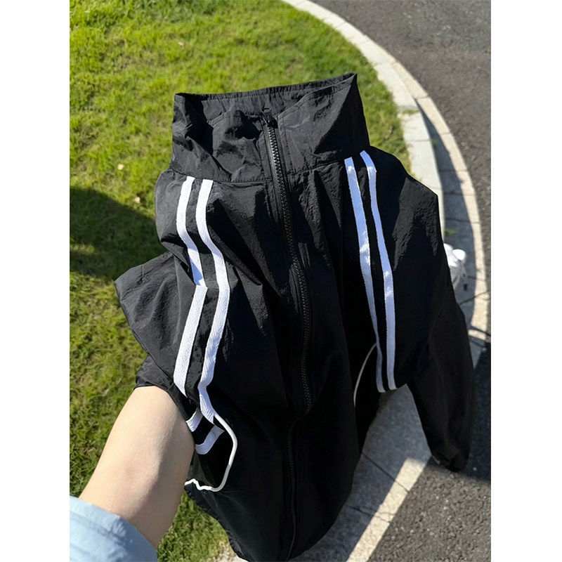 美式撞色条纹立领运动夹克男款夏季薄款户外休闲防晒衣高级感外套图片