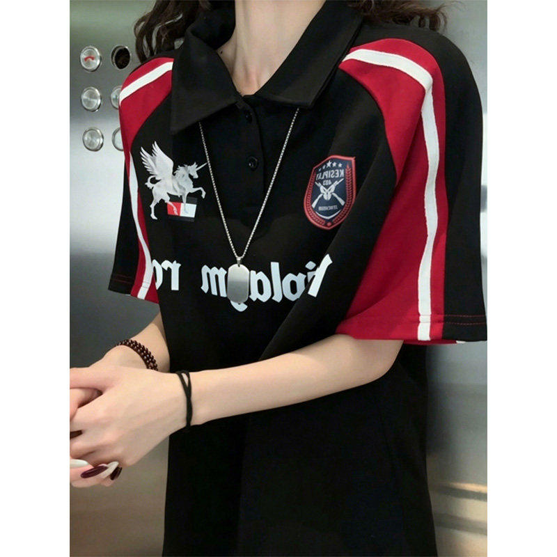 美式撞色拼接短袖polo衫男女夏季条纹设计感t恤机车风情侣半截袖