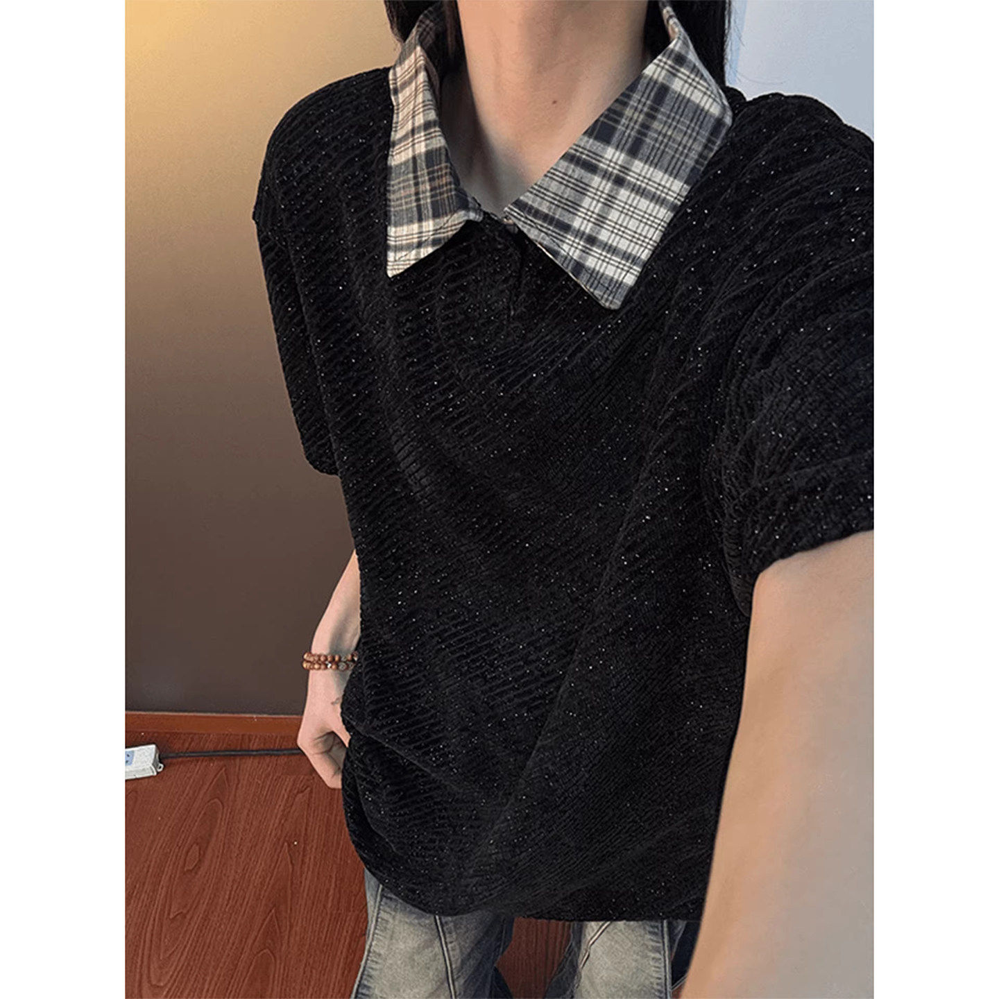 黑色格子翻领假两件满天星polo衫短袖男女款夏季美式复古半袖t恤