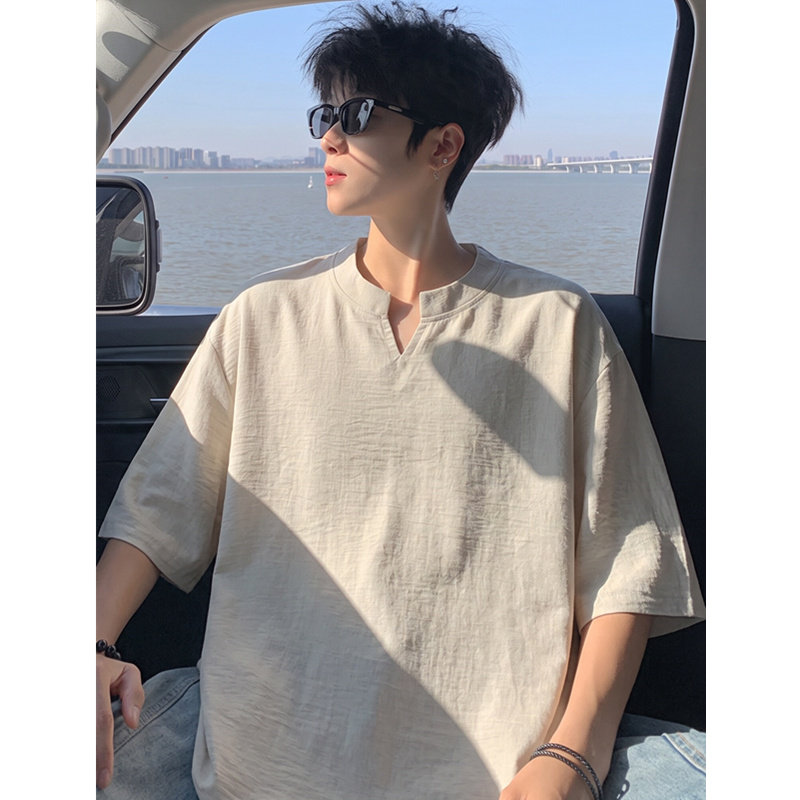 慵懒松弛感仿亚麻短袖T恤男生夏季新款凉感透气小V领宽松半袖上衣