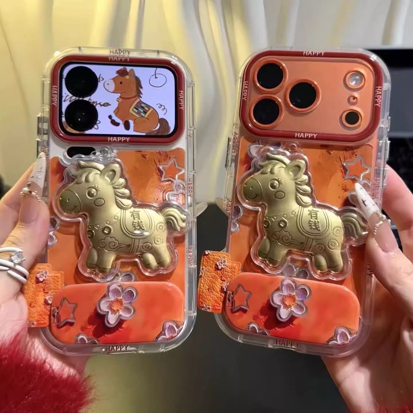 2026油画花金色小马适用苹果17手机壳iPhone16/15Promax马年vivos50华为Mate80喜庆Reno15情侣nova14pro红色