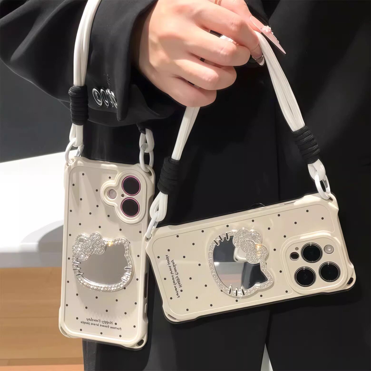 闪钻猫咪镜子适用苹果16手机壳iPhone15/14/13promax新款华为mate70卡通p80斜挎nova14挂绳vivox200小米15pro
