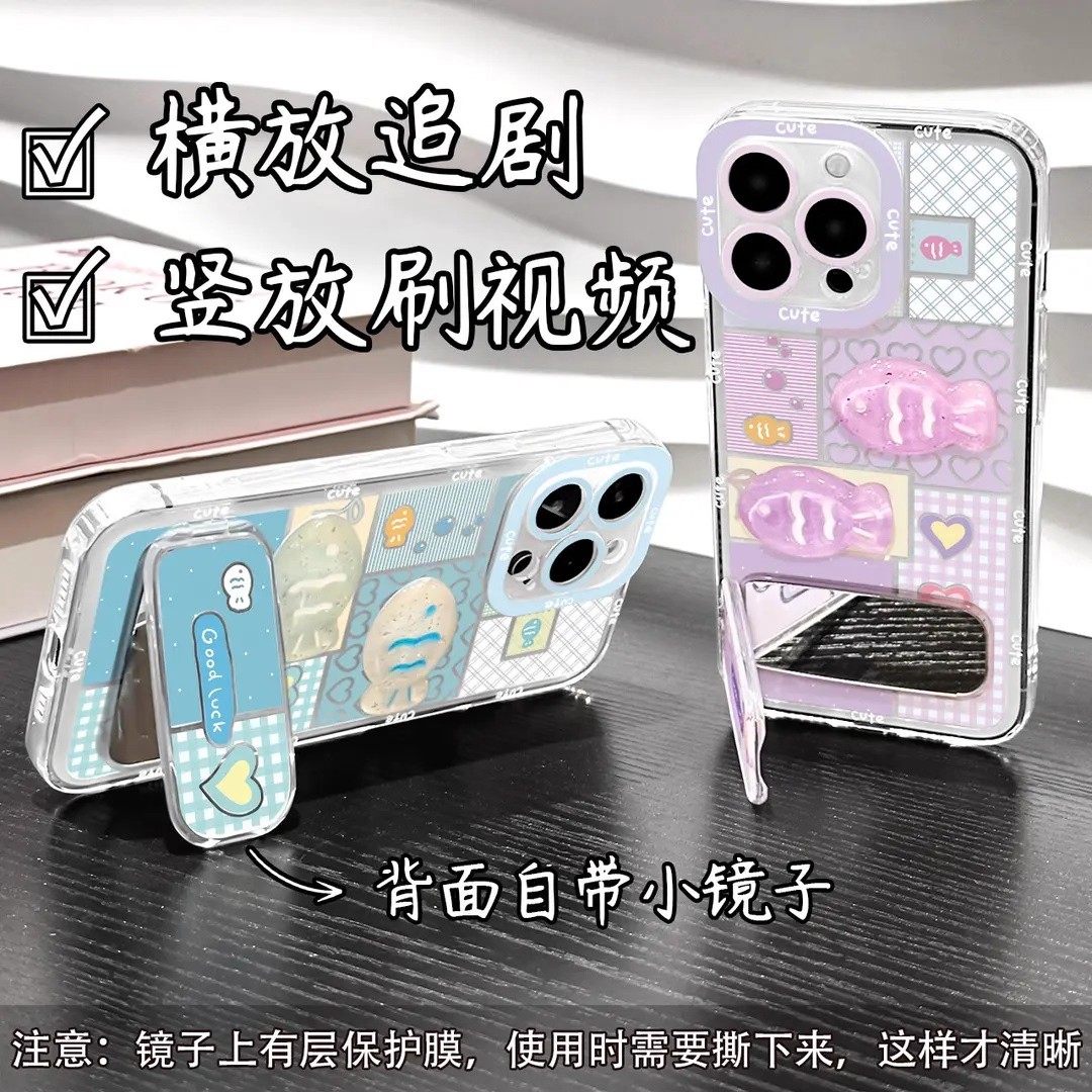 紫格小鱼镜面支架适用苹果16promax手机壳iPhone15/14/13新款vivos30华为pura80透明reno14情侣mate70红米k80