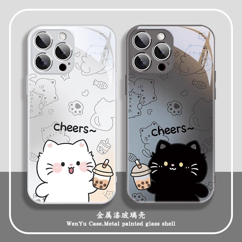 情侣奶茶猫咪适用苹果17Pro手机壳iPhone16/15promax新款华为nova14卡通OPPOmate70玻璃pura80红米note15pro+