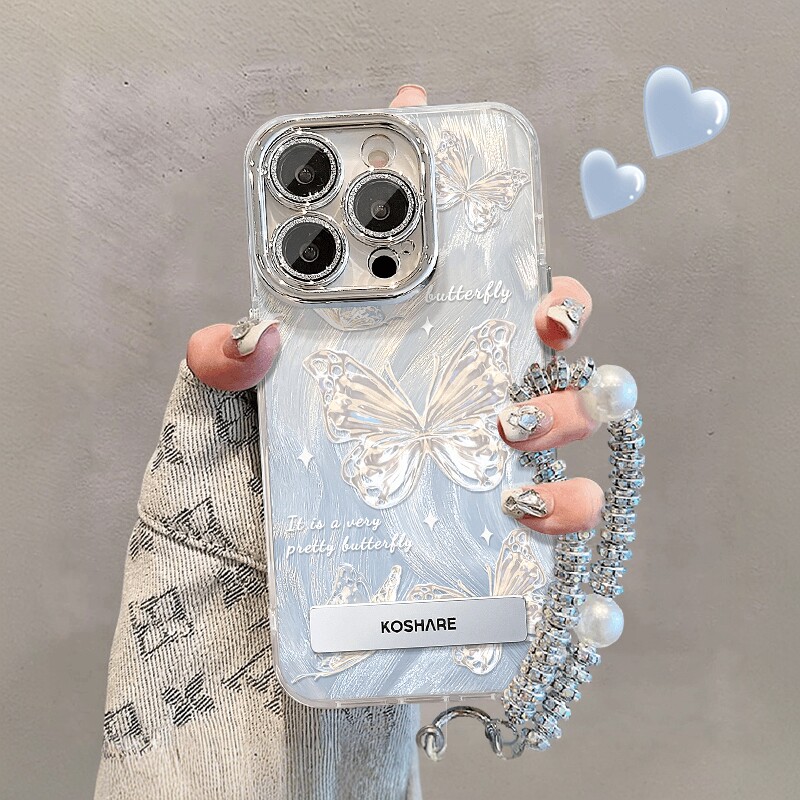 精孔羽纱渐变蓝蝴蝶适用苹果15promax手机壳华为Pura70新款mate60荣耀200高级OPPOReno12潮VIVOx90s小米14pro