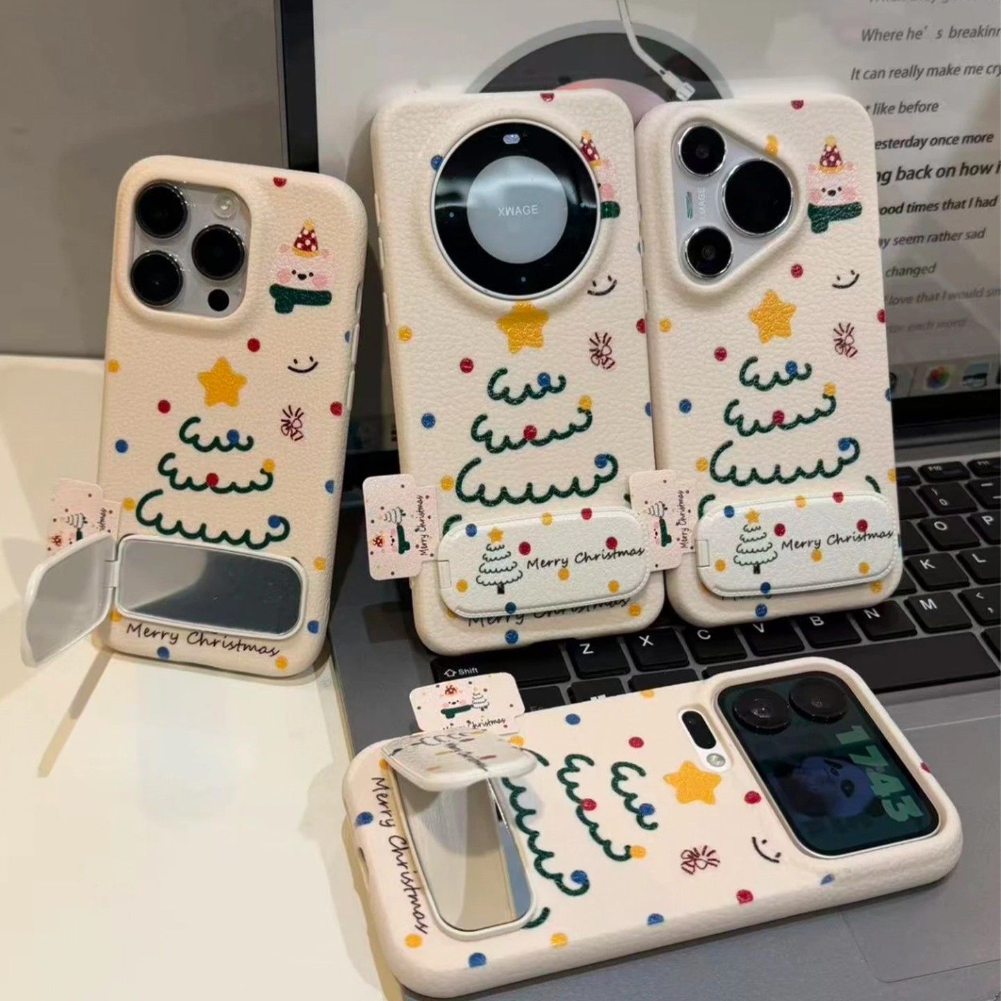 可爱狗狗圣诞树支架适用苹果17pro手机壳iPhone16Plus新款华为nova14情侣OPPOreno15皮纹vivo大孔x300红米k90