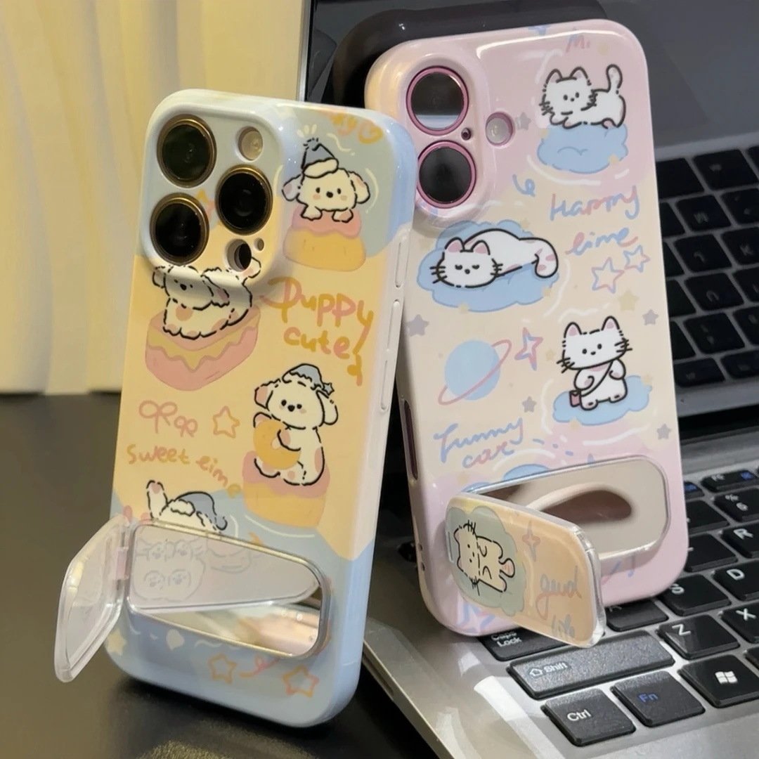 奶油猫咪狗狗镜子支架适用苹果16promax手机壳iPhone15华为nova14可爱oppo菲林vivos30情侣mate70红米k80pro