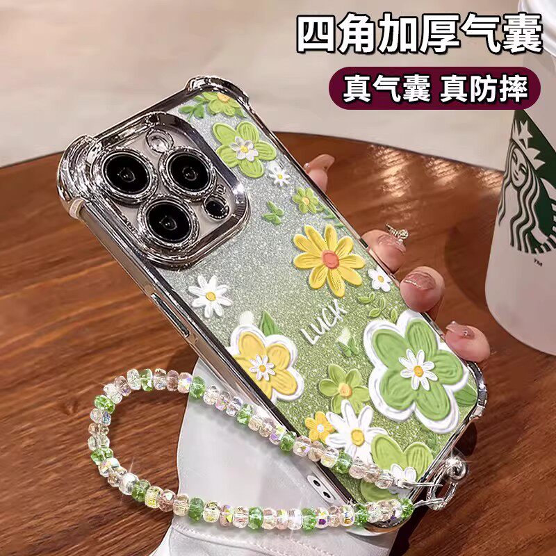 绿油画花手链四角气囊适用苹果17手机壳华为nova15新款iPhone16PROMAX电镀vivo红米turbo5小众x300防摔小米17