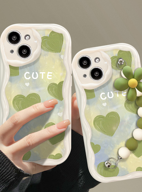 ins绿色爱心适用VIVOX90手机壳VIVOS17新款x80/x70pro腕带s16/s15保护套y78女y35m+小清新iqooneo8pro全包y5s