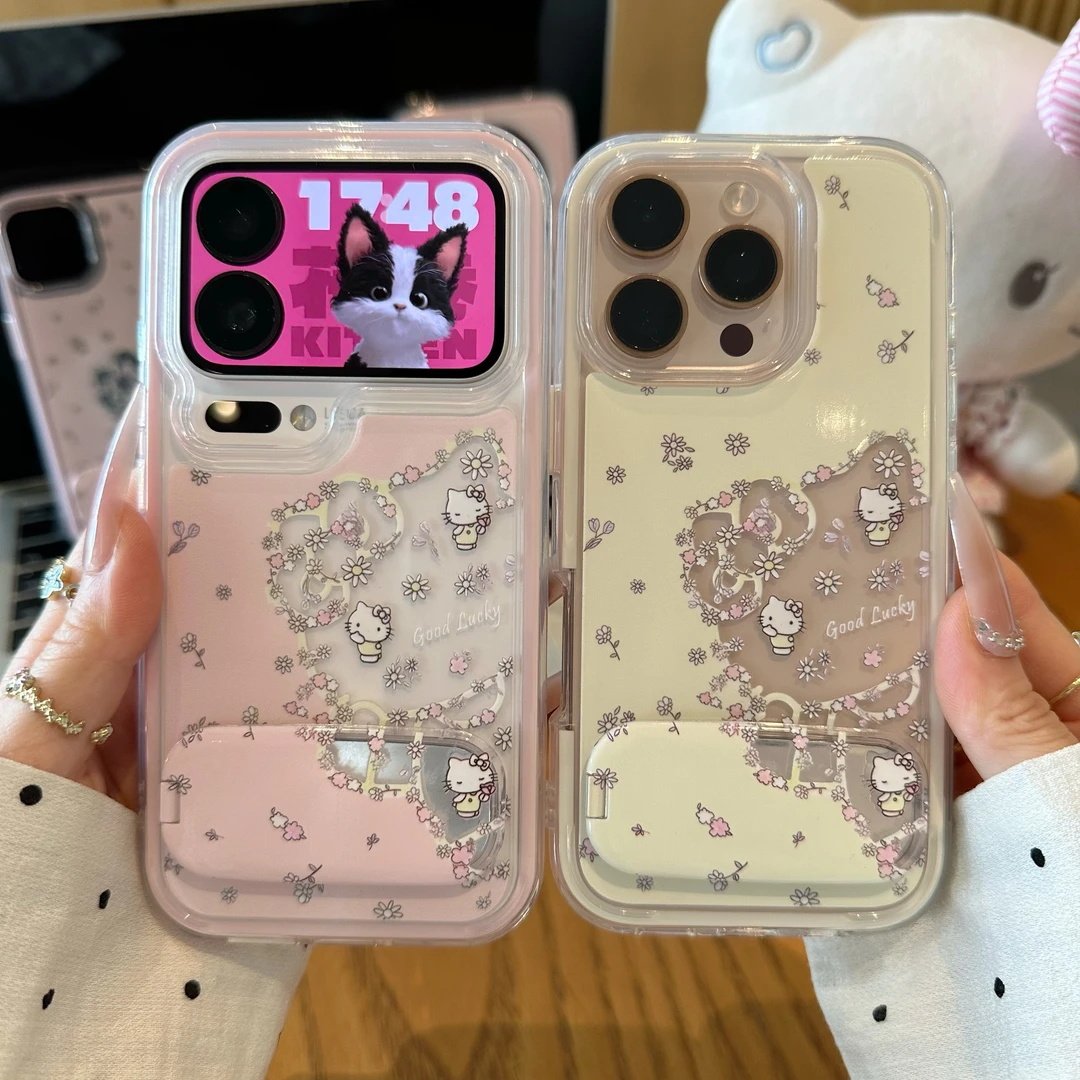 打招呼镂空碎花猫咪支架适用苹果17手机壳iPhone16promax新款vivox300华为nova15可爱OPPO小米17三合一mate80