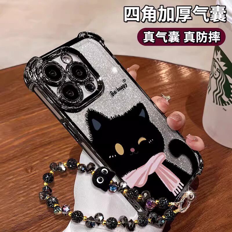 围巾黑猫手链四角气囊适用苹果17手机壳华为nova15电镀iPhone16PROMAX电镀vivo红米turbo5卡通s50防摔k90全包