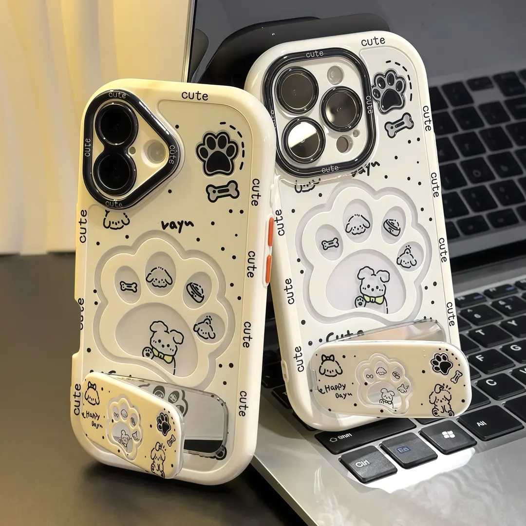 镂空小白狗爪印镜子支架适用苹果16promax手机壳iPhone15新款vivos20华为mate70卡通OPPOreno13情侣小米15pro