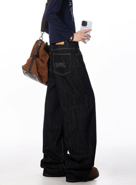 美式堆叠阔腿牛仔裤男女潮牌宽松BF高级感休闲裤高街痞帅弯刀长裤