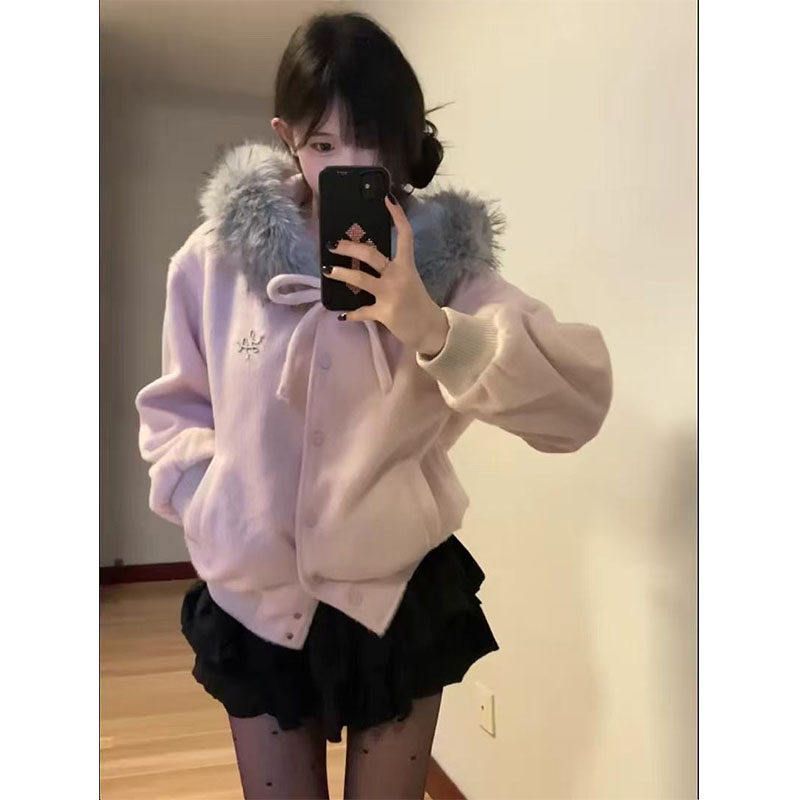 韩系蝴蝶结绑带粉色连帽毛领外套女秋冬新款学院风呢子百搭棒球服