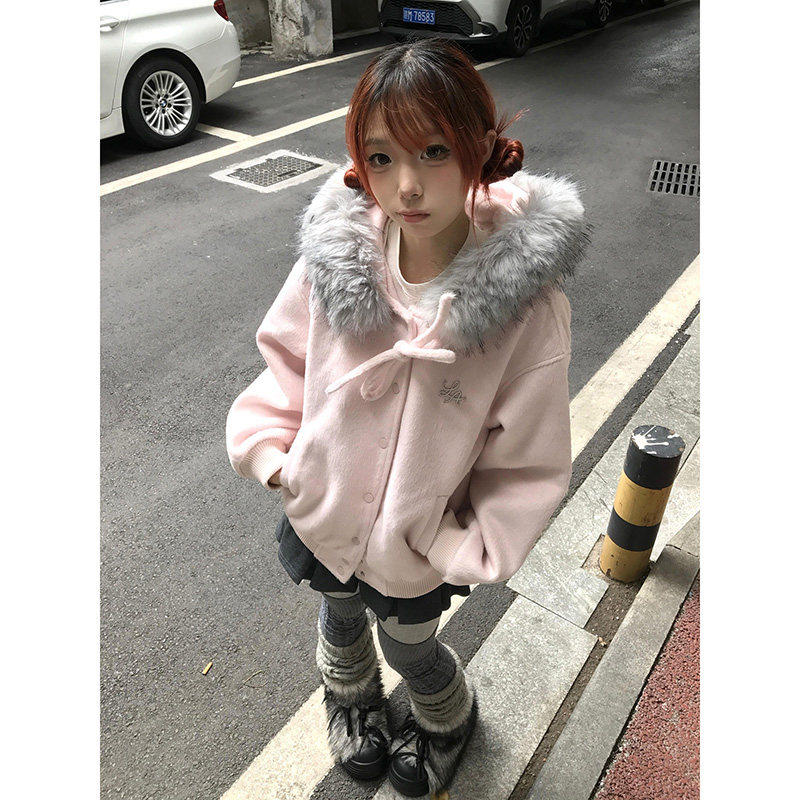 粉色大毛领连帽毛呢外套女秋冬宽松蝴蝶结温柔甜美休闲开衫上衣