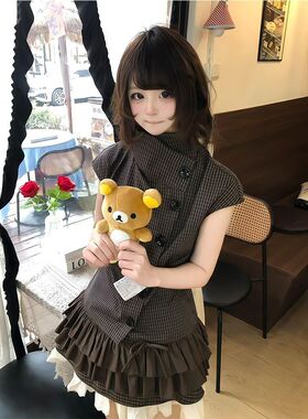 【甜叙少女】复古格纹上衣+短裙萌妹穿搭小众夏日系少女两件套女