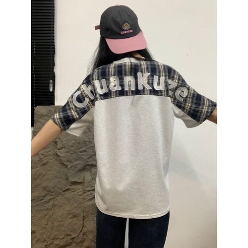 美式复古拼接字母刺绣短袖t恤女