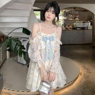 新款 夏季 甜美少女碎花雪纺印花蝴蝶结露肩宽松吊带裙
