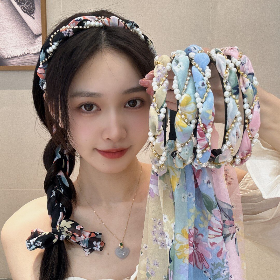 韩式碎花珍珠飘带女百搭雪纺布艺发箍仙女发卡编发丝带扎头发发饰