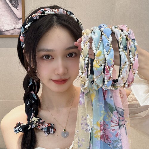 珍珠发箍珍珠飘带碎花韩式发卡