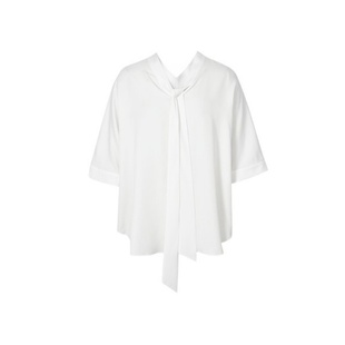 MM秋麦檬胧24夏季新品莱赛尔白色飘带领衬衫女中袖上衣5F4121701