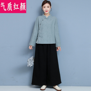 秋冬加绒加厚禅修服居士服复古禅意茶服女中国风中式唐装棉麻套装