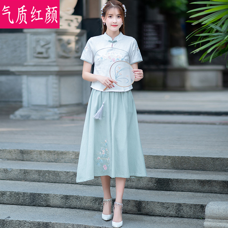 民国少女学生古风旗袍两件套小清新棉麻套装中国风汉服女夏装茶服