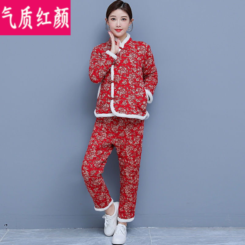 中国风唐装小棉袄冬季夹棉东北大花袄民族风碎花加厚棉衣棉裤套装