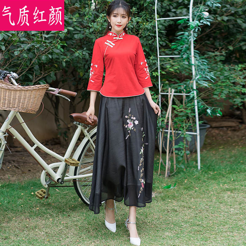 中式唐装套装民国复古女装改良汉服旗袍上衣大码盘扣绣花棉麻茶服