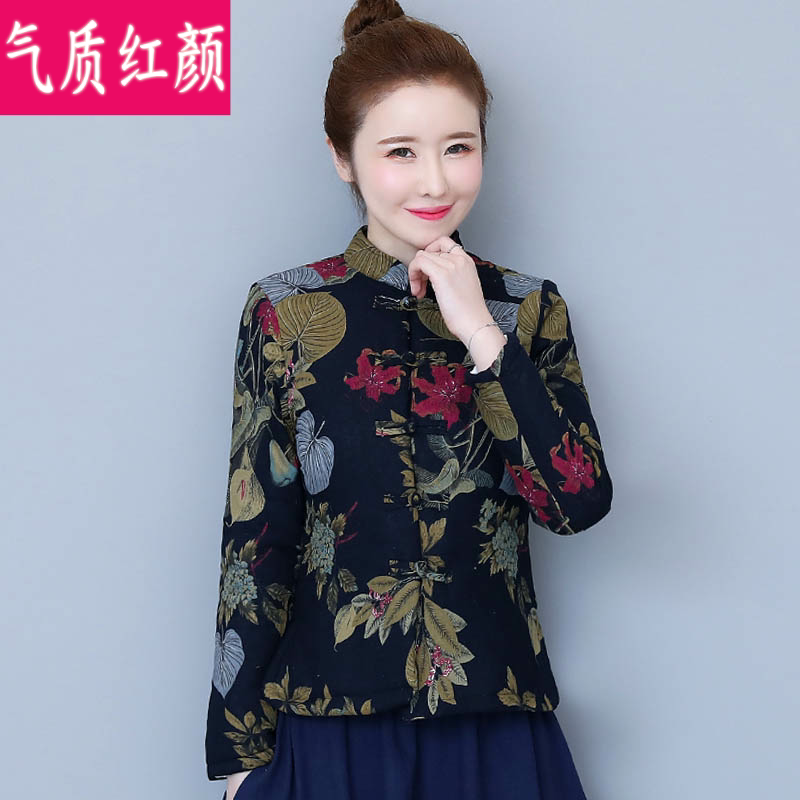 秋冬民族风女装中式唐装棉服小棉袄复古盘扣棉麻印花短款棉衣外套