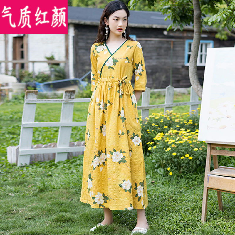 清仓捡漏~专柜撤回~妈妈夏装印花棉麻V领连衣裙女五分袖亚麻长裙