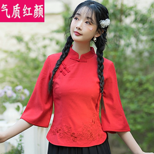 中国风红色唐装上衣女夏民族风绣花汉服茶服民国复古改良旗袍套装