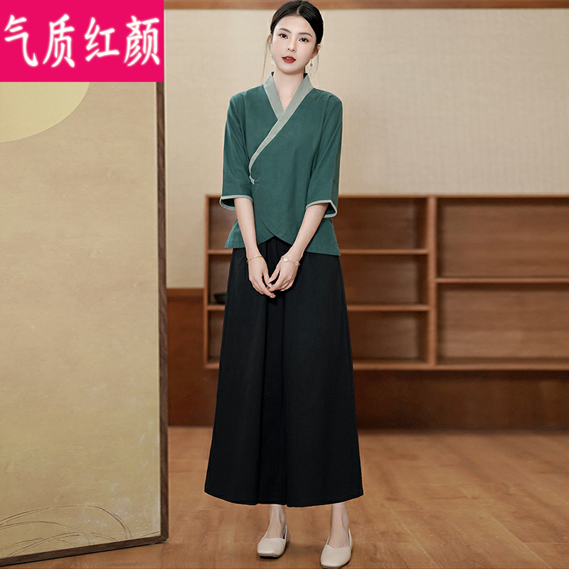 中国风汉服禅意女装棉麻茶服短款禅修服居士服复古唐装女中式套装