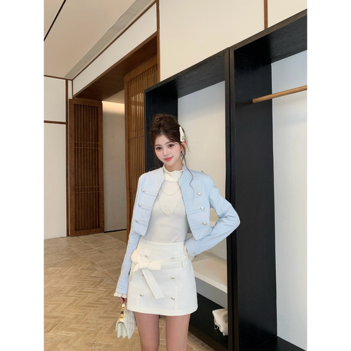 越韩小鱼Musefish 少女骑士蓝色 千金设计感小夹克蝴蝶结半裙套装