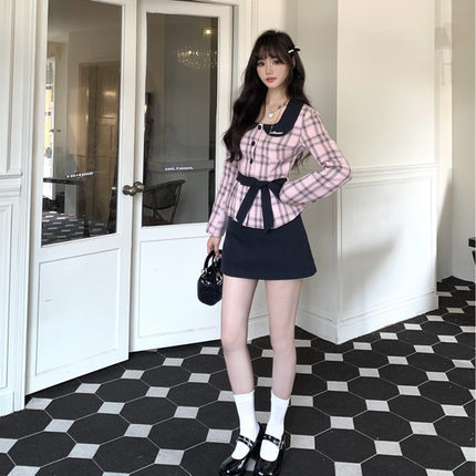 越韩小鱼 私立校花 法式复古套装女2025春格子外套半身短裙两件套