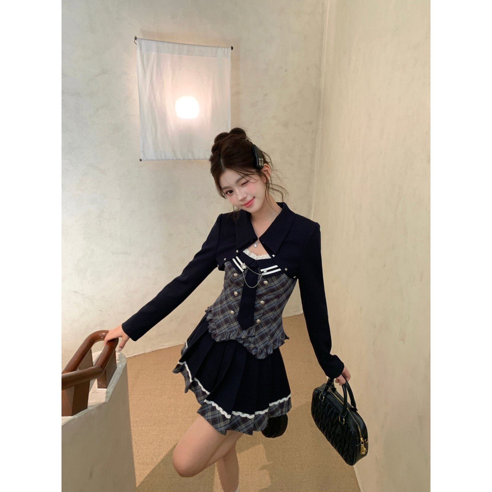 越韩小鱼Musefish 剑桥午后 富家千金学院风收腰显瘦三件套装女秋