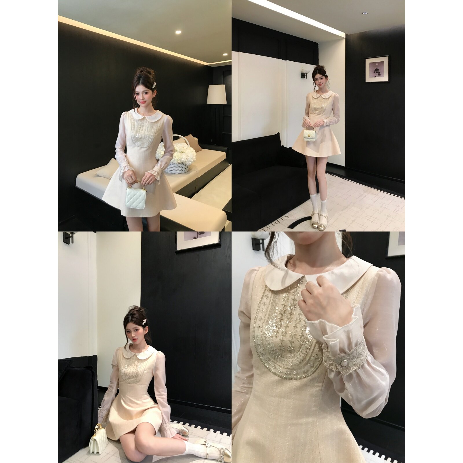 越韩小鱼Musefish 德淋千金 法式重工气质收腰长袖连衣裙子女秋季