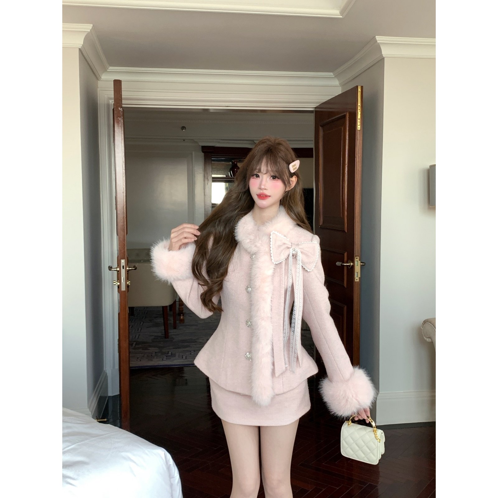 越韩小鱼 雪落京都 法式甜美千金毛毛夹棉呢子外套半裙粉色套装女,女装/女士精品,礼服/晚装,淘宝优惠券,粉丝福利购,淘宝优惠卷