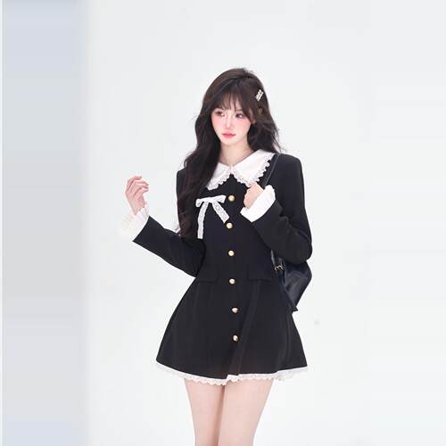 越韩小鱼 南洋少女 法式蝴蝶结蕾丝甜美学院风设计感收腰连衣裙秋