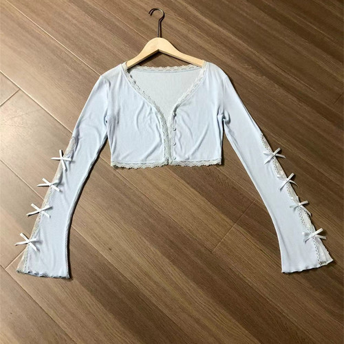 越韩小鱼 蕾丝拼接蝴蝶结蓝色开衫百搭夏季短款外套防晒长袖薄款