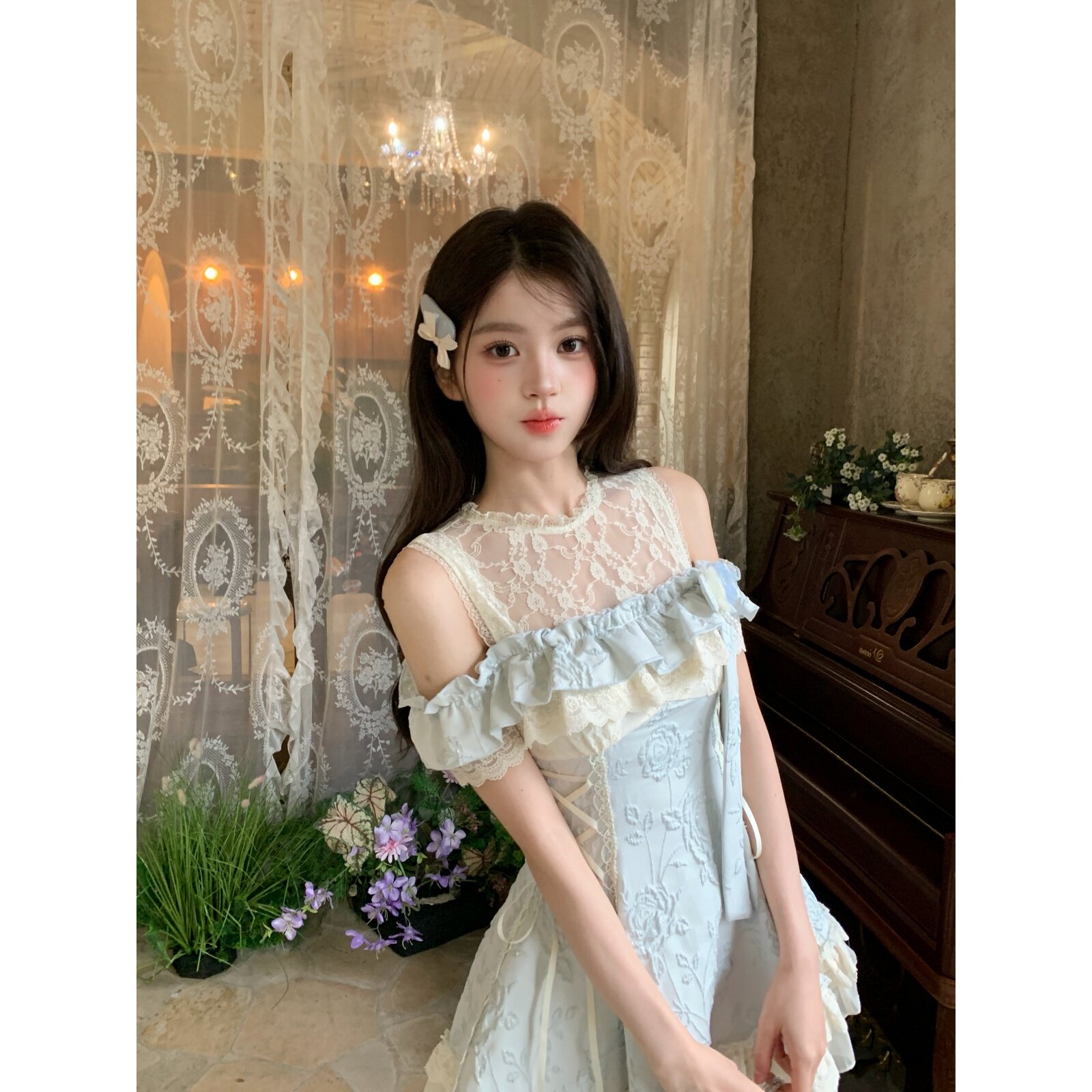 越韩小鱼Musefish 心动约会 法式纯欲镂空蕾丝拼接假两件连衣裙女