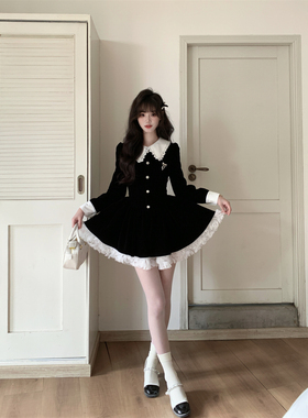 越韩小鱼 古早蔷薇 法式黑色丝绒连衣裙女富家千金蕾丝拼接小黑裙