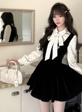 越韩小鱼 丝绒黑巧 法式连衣裙2025秋富家千金高级感波点假两件裙